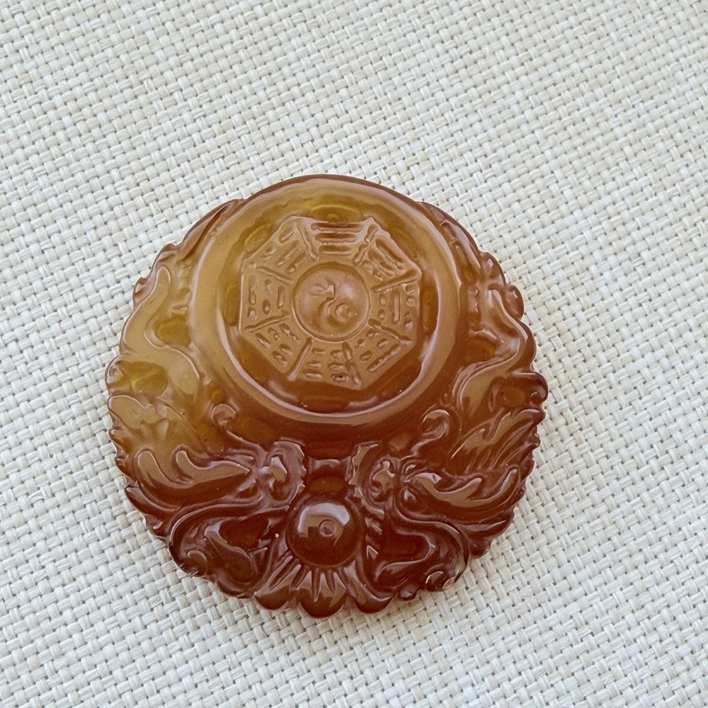 Carving Dragon Yellow Agate Pendant Round Amber Boho Artsy Asian Statement